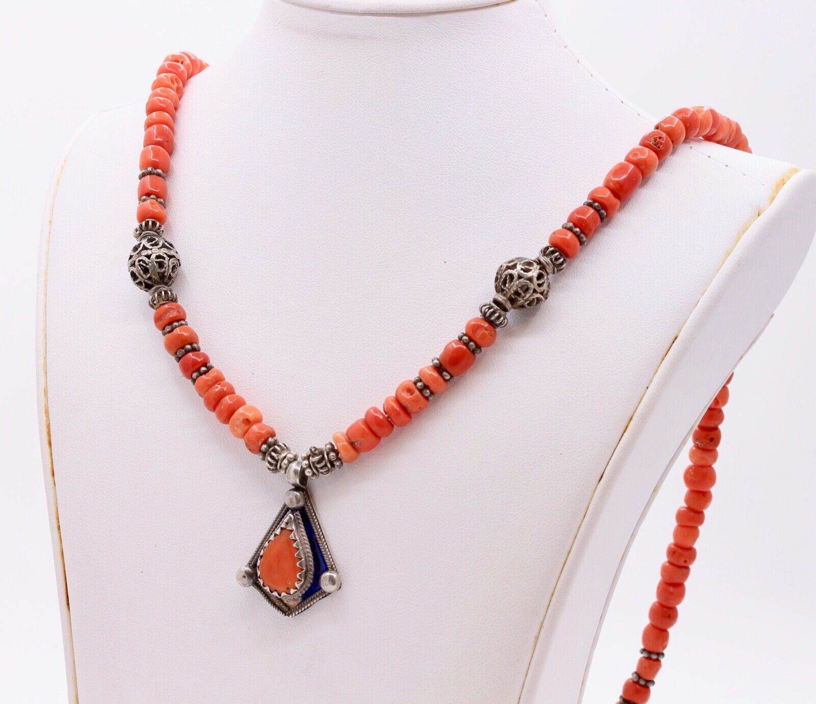 Antique European Coral Enamel 800 Silver Necklace
