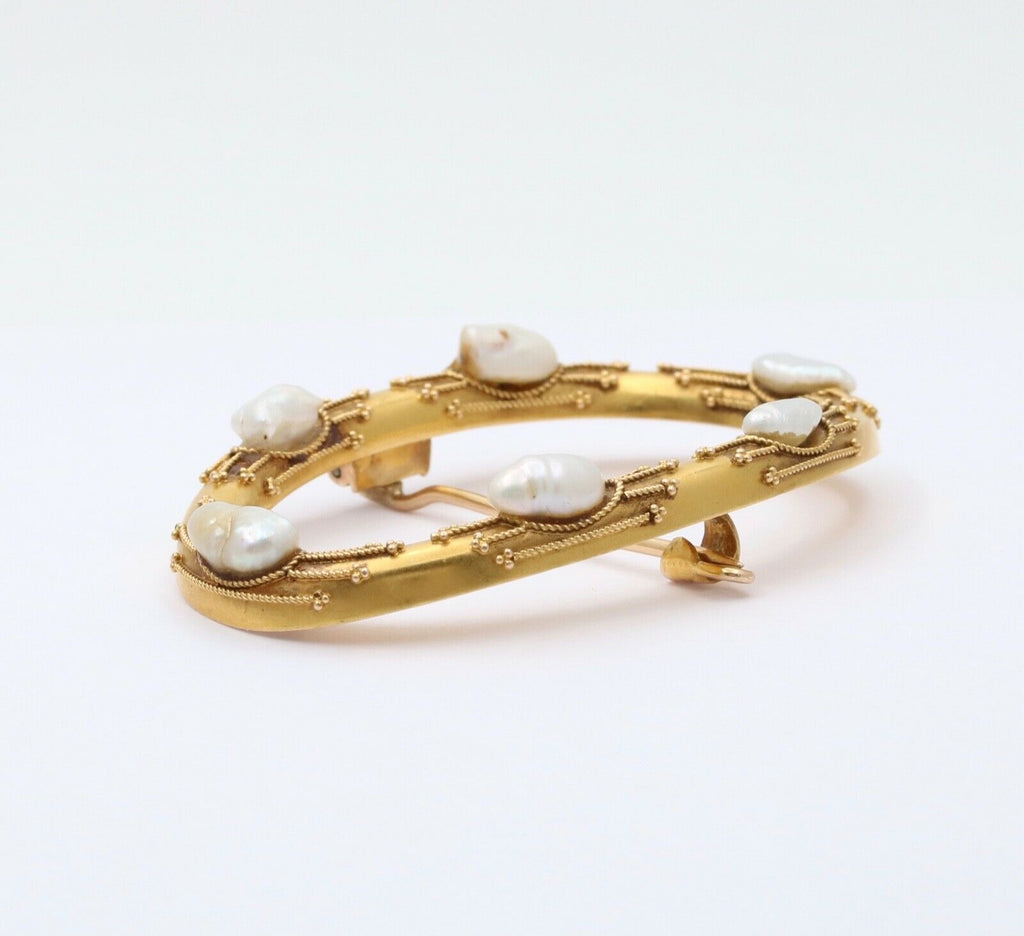 Victorian Etruscan Revival 14K Yellow Gold Baroque Pearl Oval Brooch Pin
