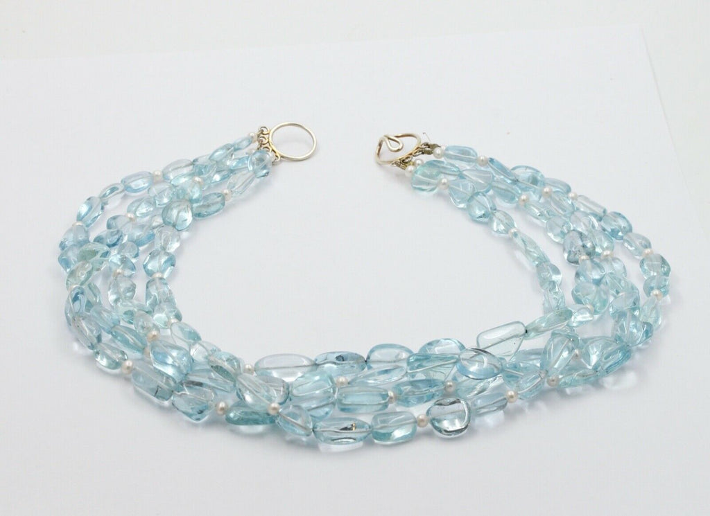 Vintage Sterling Silver Aquamarine Bead Pearl Quadruple Strand Necklace