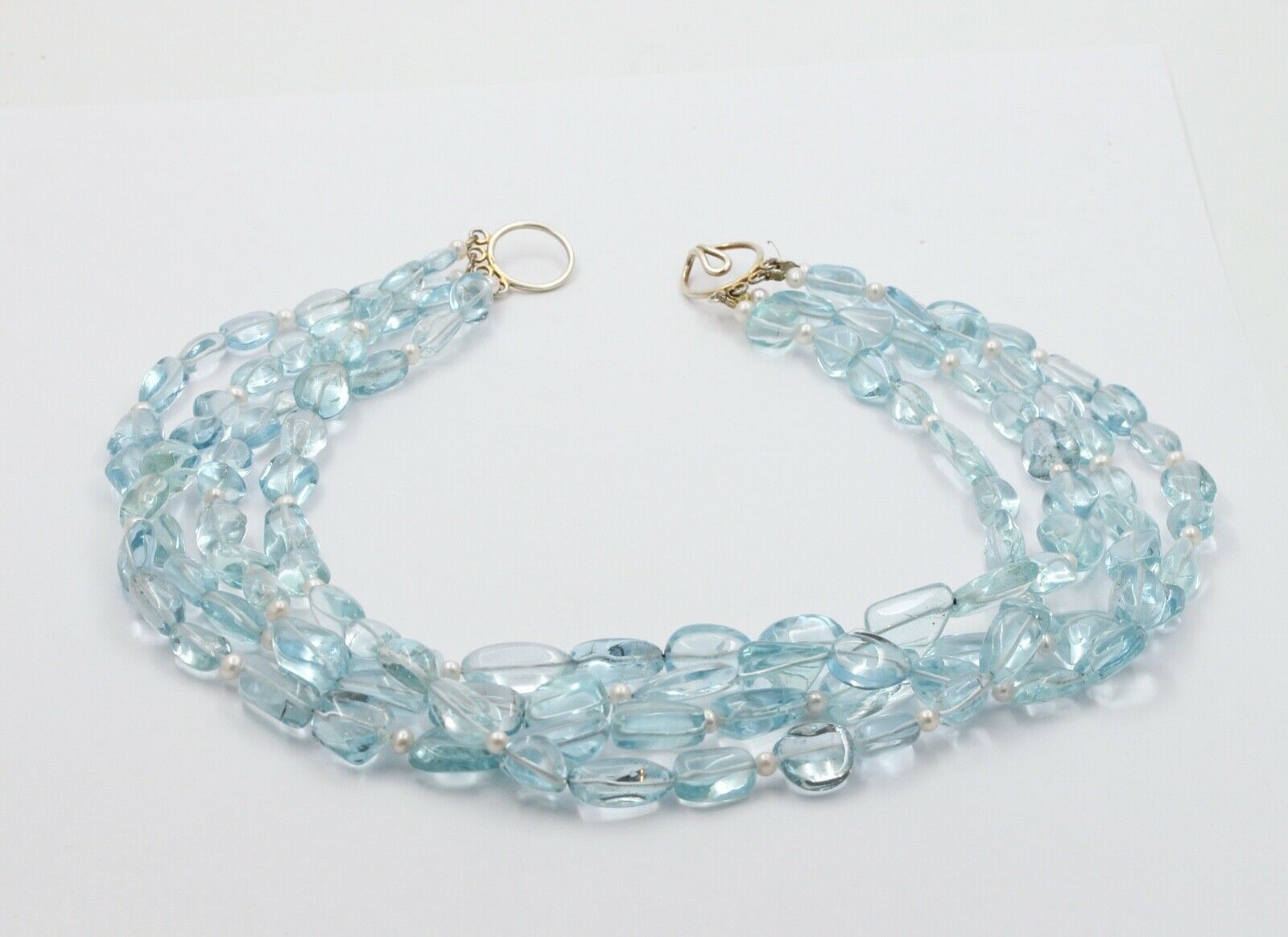 Vintage Sterling Silver Aquamarine Bead Pearl Quadruple Strand Necklace