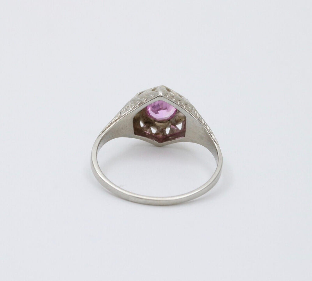 Art Deco 18K White Gold Pink Sapphire Filigree Ring Band, Engagement Ring
