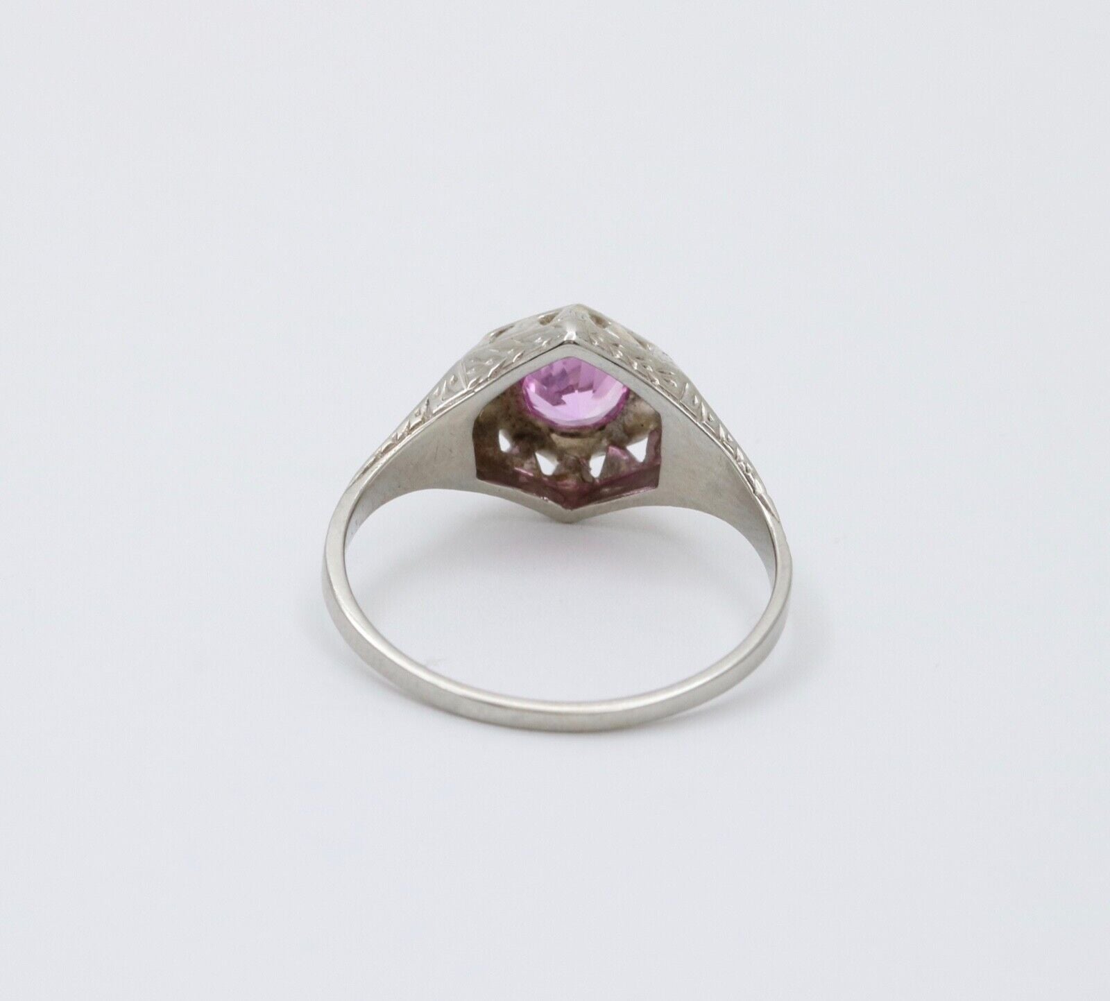 Art Deco 18K White Gold Pink Sapphire Filigree Ring Band, Engagement Ring