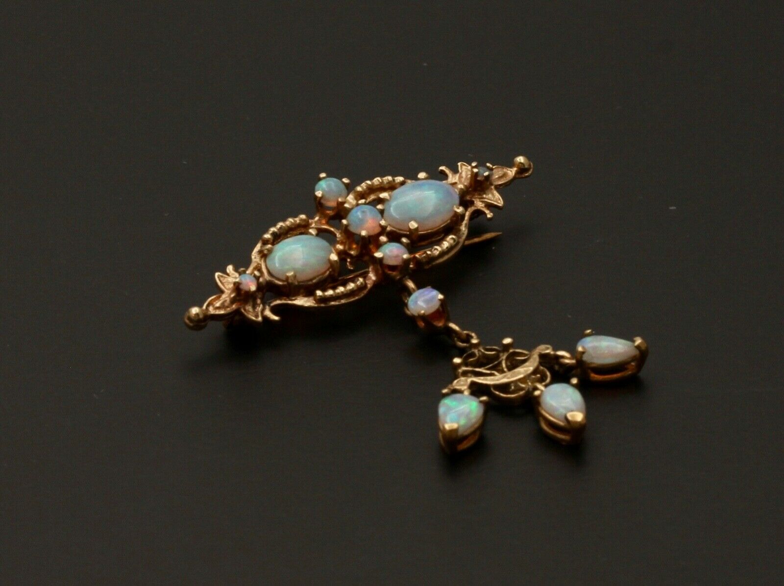 Antique Victorian Opals 14K Yellow Gold Dangle Pendant Brooch Pin