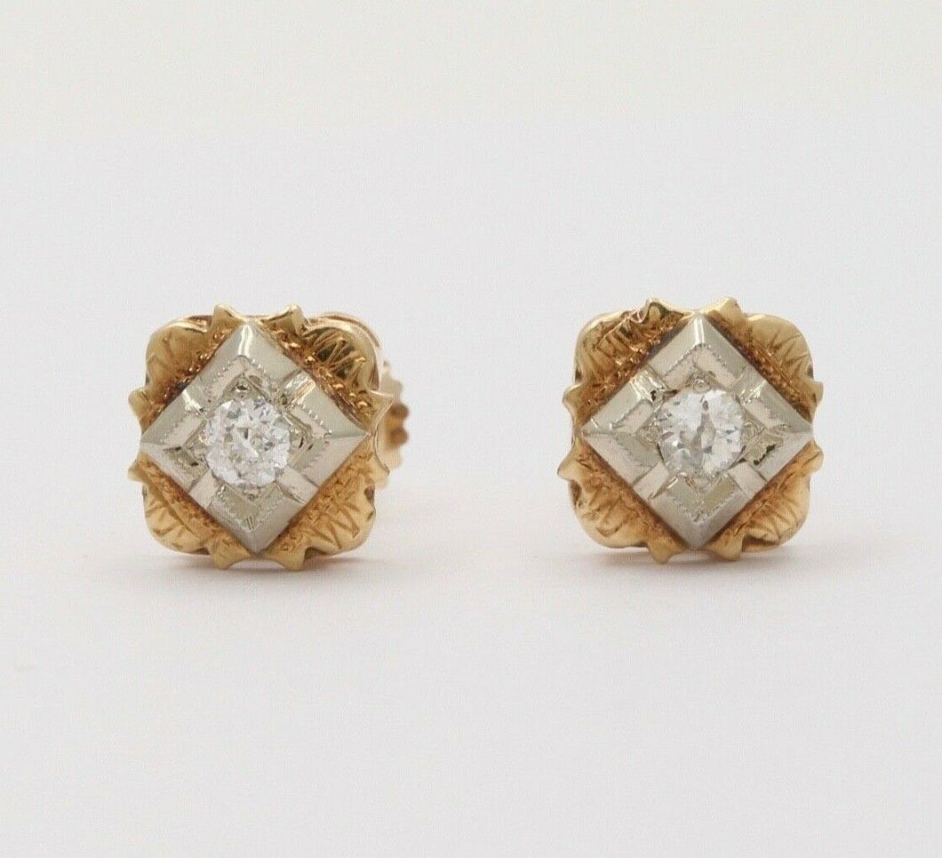 Antique Victorian 14K Yellow & White Gold Old Mine Cut Diamonds Studs Earrings