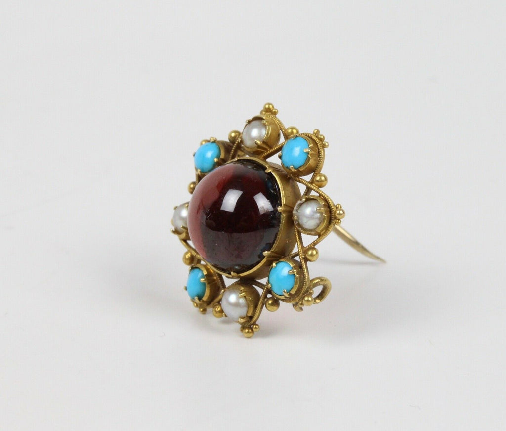 Vintage Tourmaline 14K Yellow Gold Seed Pearls Turquoise Brooch Pin