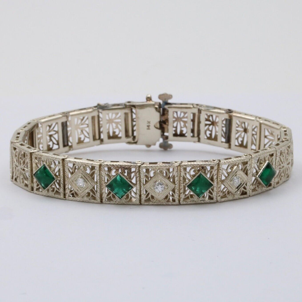 Art Deco Flower Filagree Diamonds Emeralds 14K White Gold Bracelet