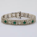 Art Deco Flower Filagree Diamonds Emeralds 14K White Gold Bracelet