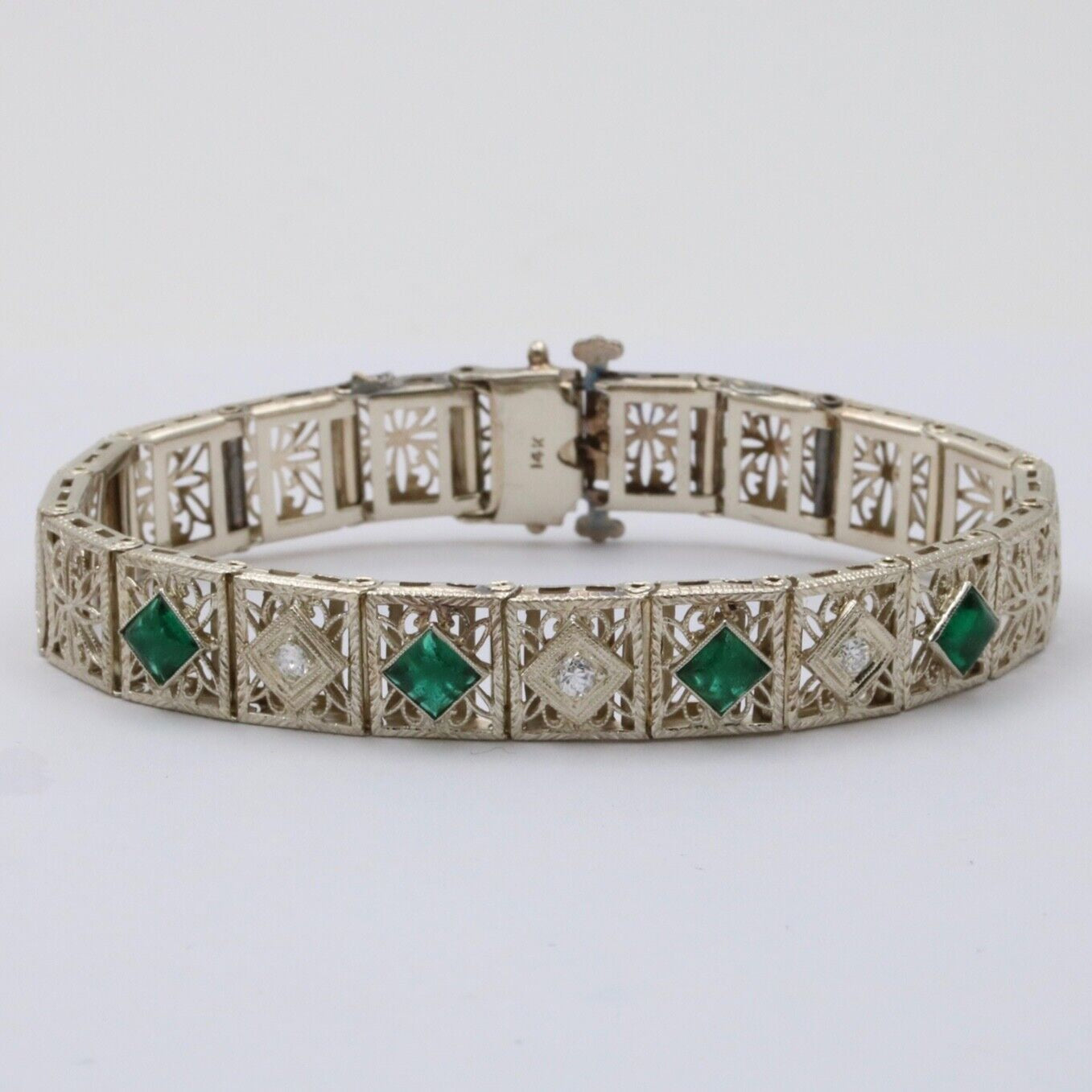 Art Deco Flower Filagree Diamonds Emeralds 14K White Gold Bracelet