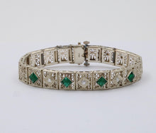 Load image into Gallery viewer, Art Deco Flower Filagree Diamonds Emeralds 14K White Gold Bracelet
