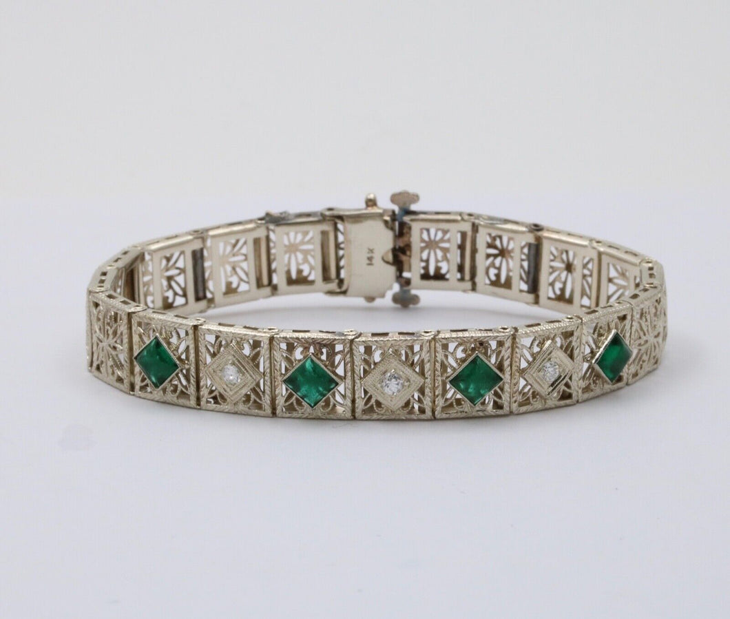 Art Deco Flower Filagree Diamonds Emeralds 14K White Gold Bracelet