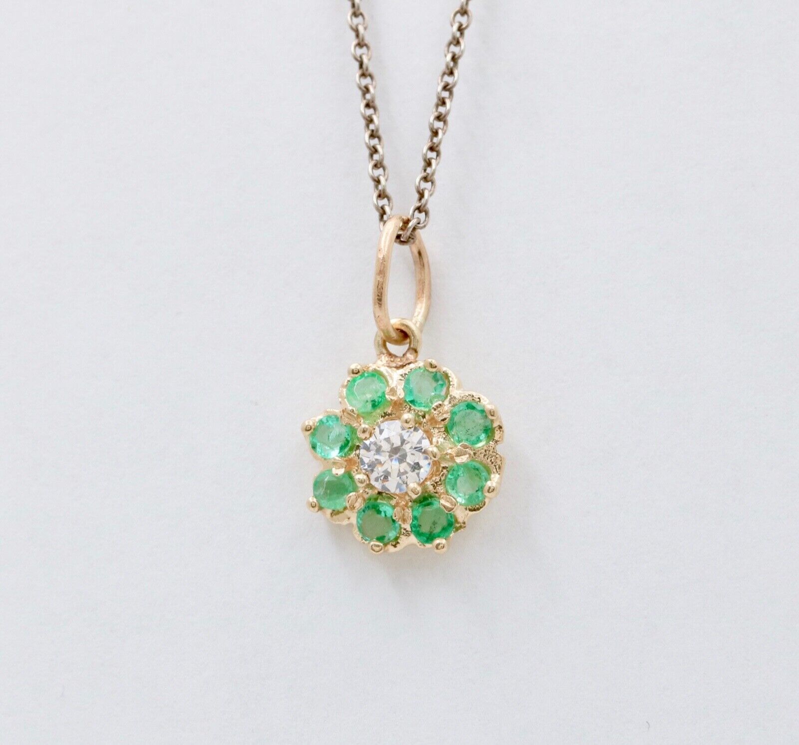 Vintage Flower Diamond Emerald 14K Yellow Gold Pendant