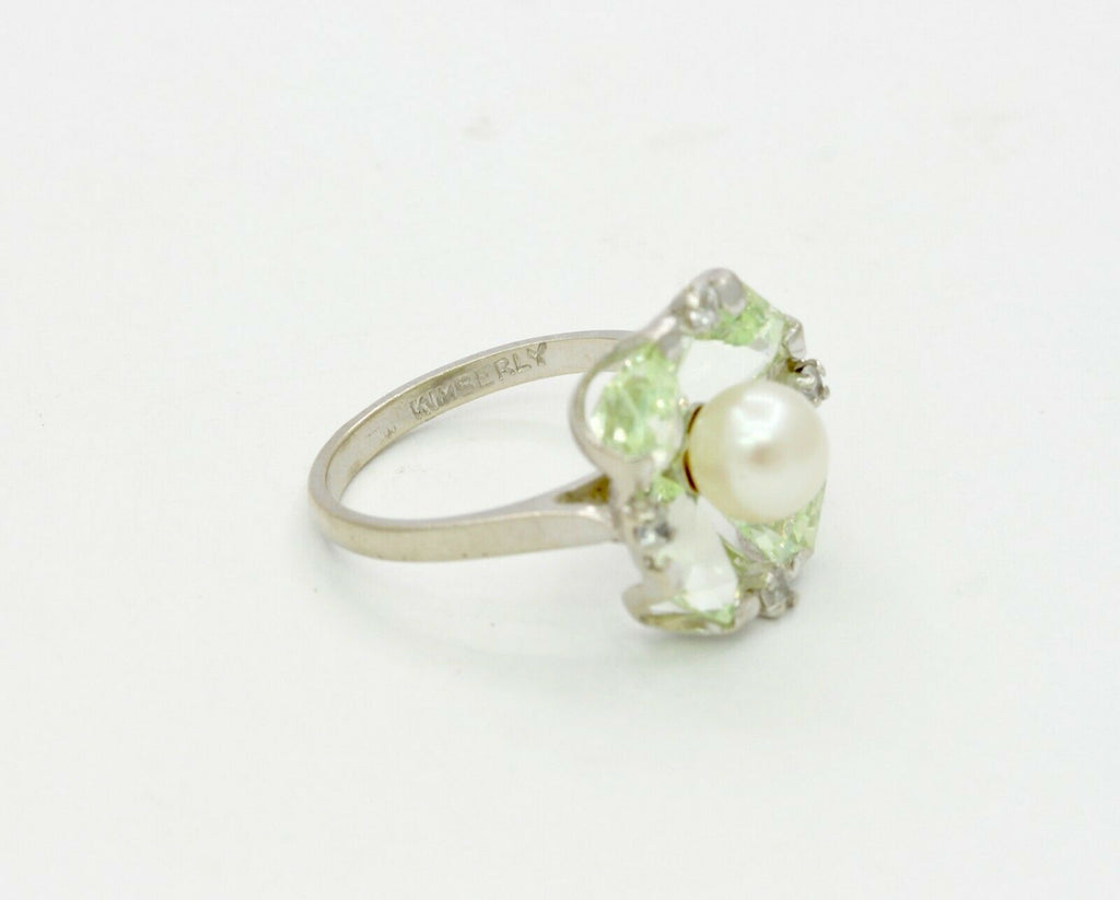 Vintage 10K White Gold Pearl Diamond Green Stone Ring