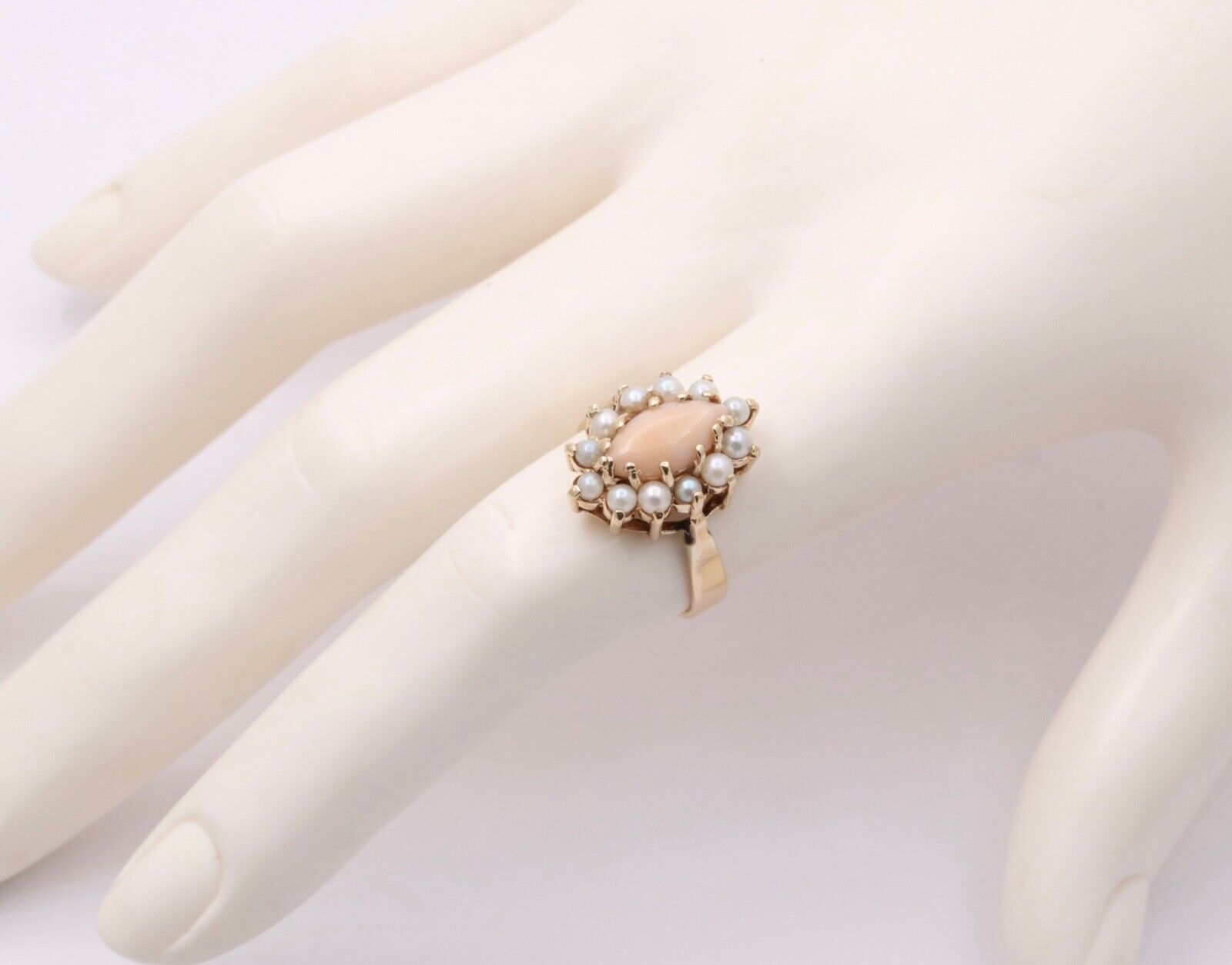 Vintage Pink Coral Pearls 14K Yellow Gold Ring