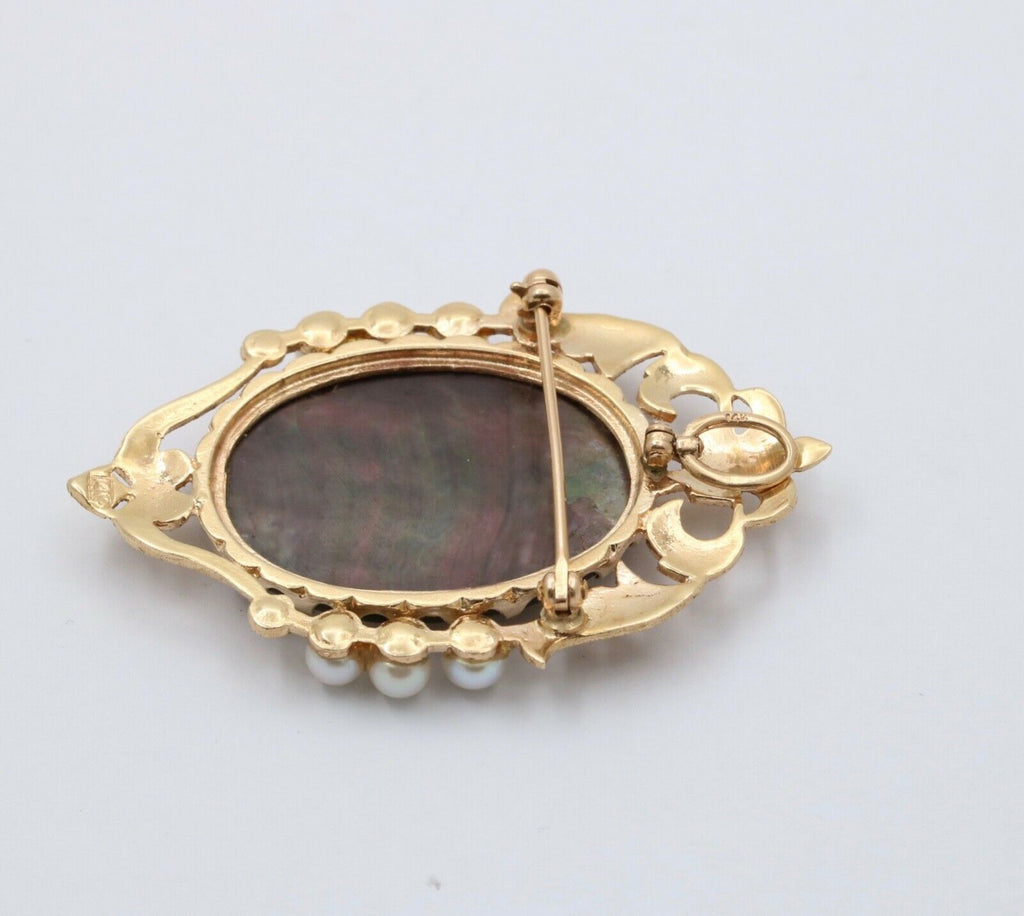 Vintage 14K Yellow Gold Carved Mother Of Pearl Cameo Brooch, Pin.