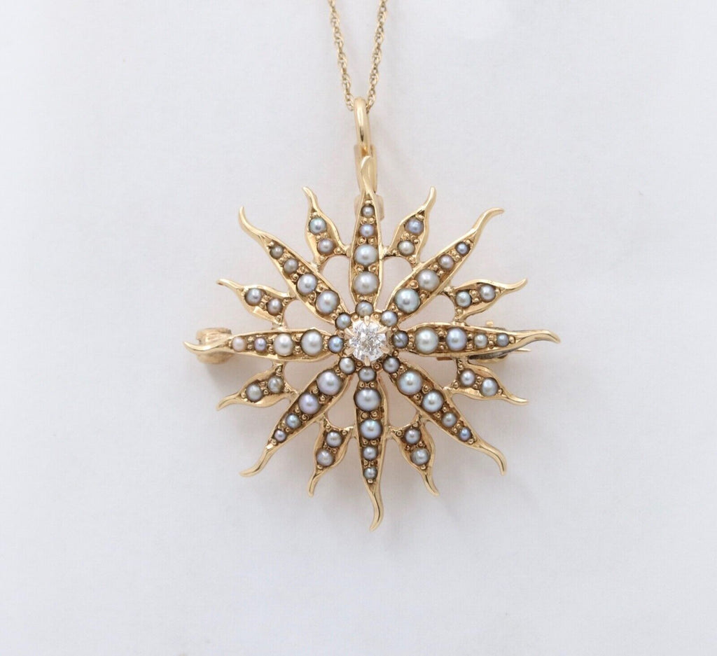Victorian Edwardian Starburst Diamond Seed Pearls 14K Yellow Gold Pendant Brooch