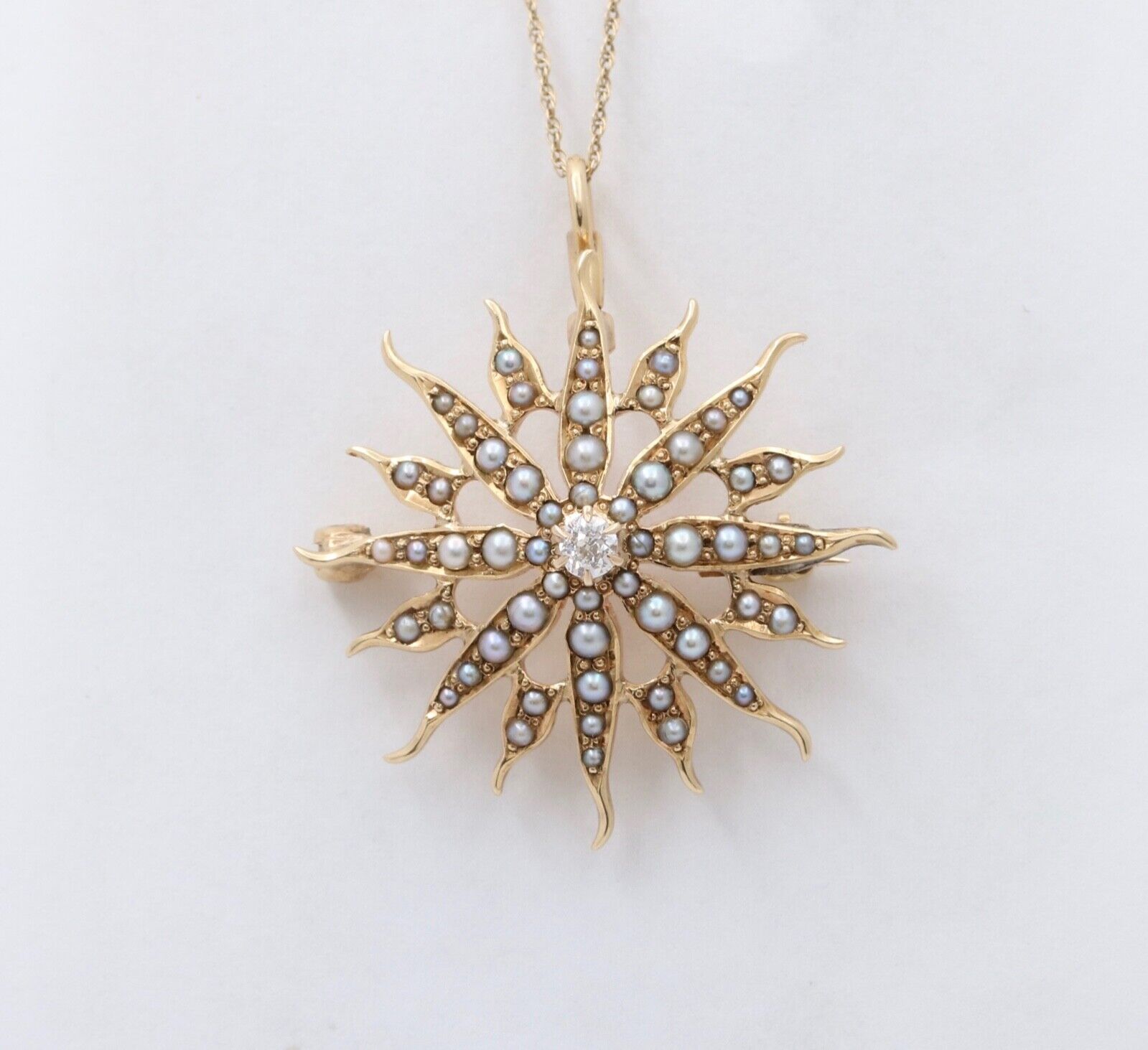 Victorian Edwardian Starburst Diamond Seed Pearls 14K Yellow Gold Pendant Brooch