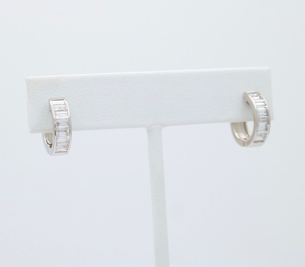 Vintage Baguette Diamonds 14K White Gold Huggie Earrings