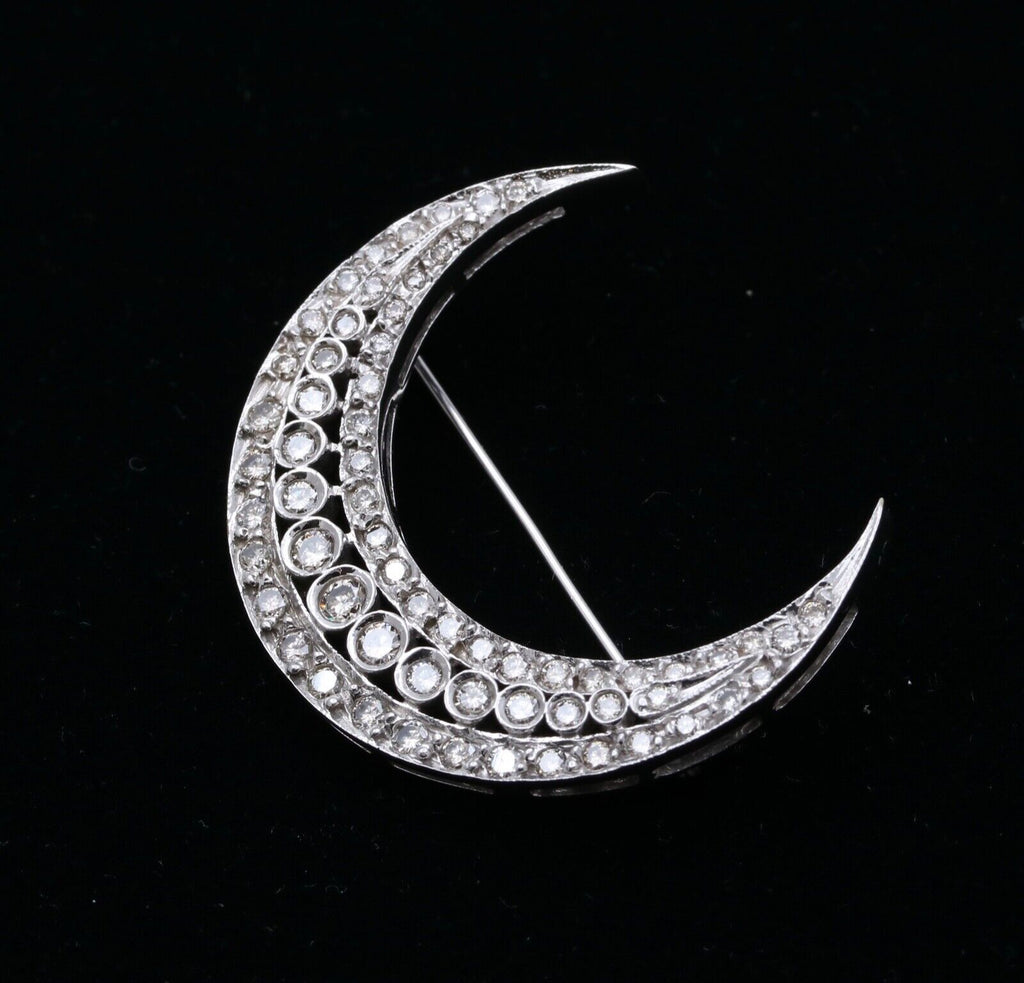Vintage Diamonds 14K White Gold Crescent Moon Brooch Pin