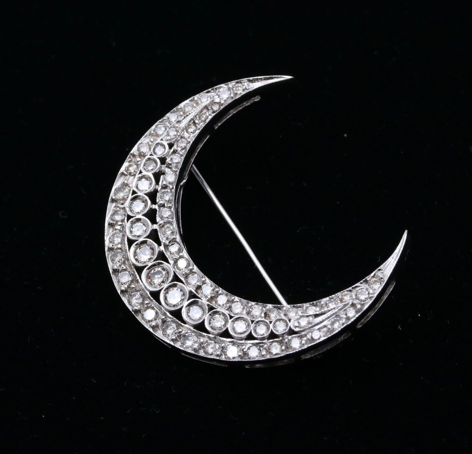 Vintage Diamonds 14K White Gold Crescent Moon Brooch Pin