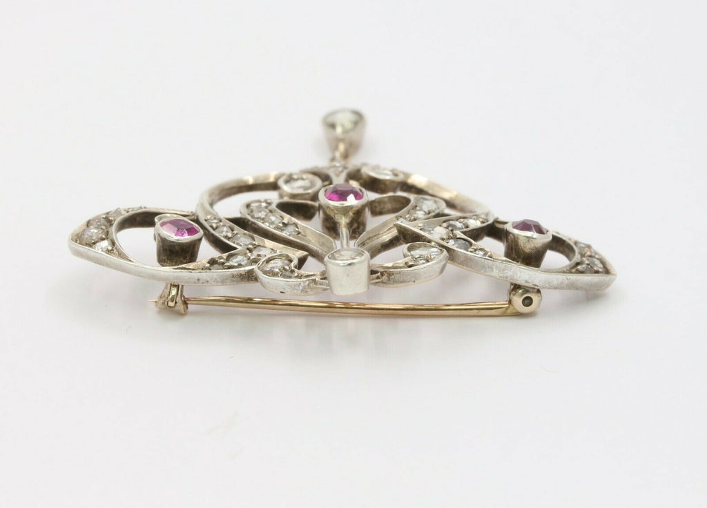 Edwardian 18K & Silver Diamond Ruby Brooch