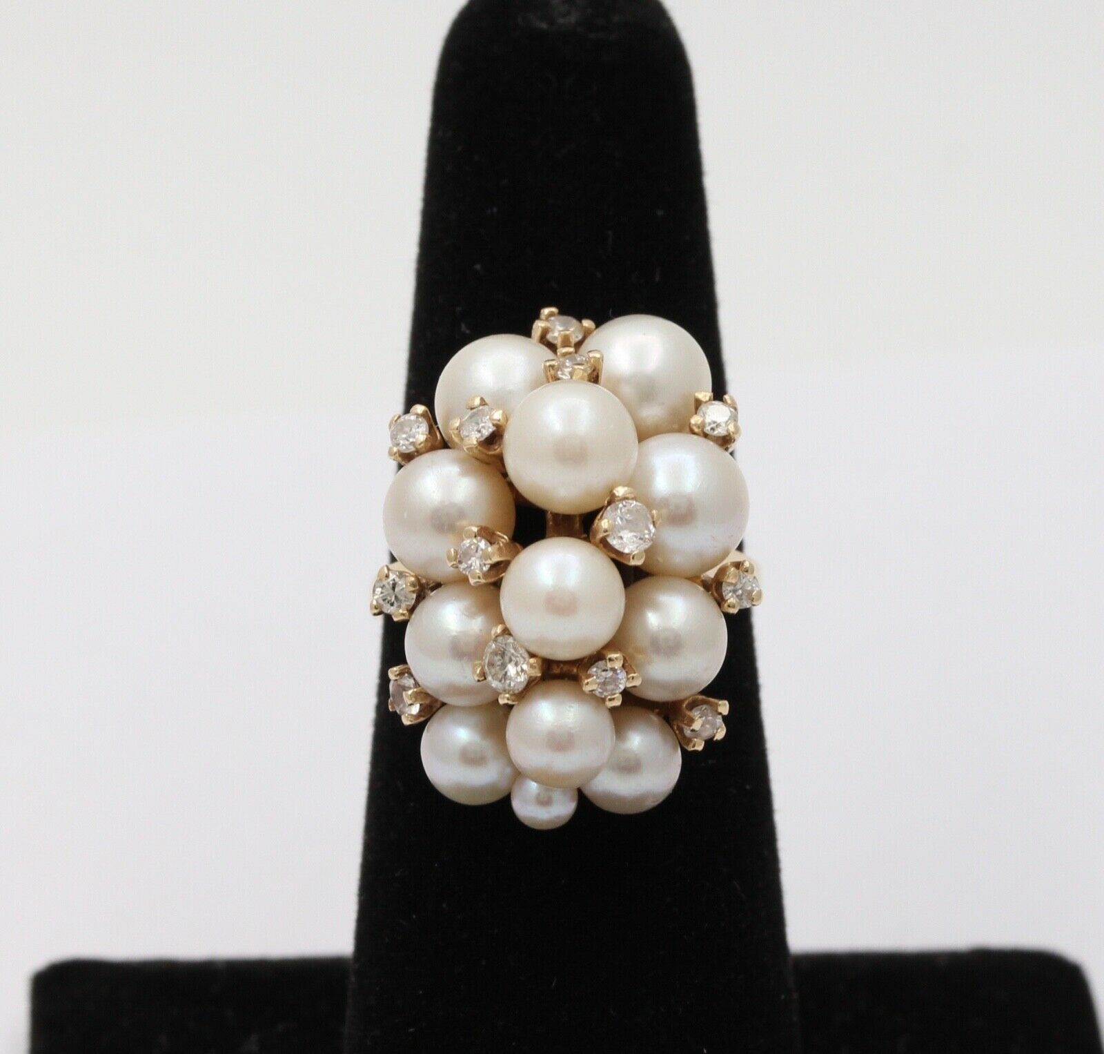 Vintage Pearls Diamonds 14K Yellow Gold Cluster Ring