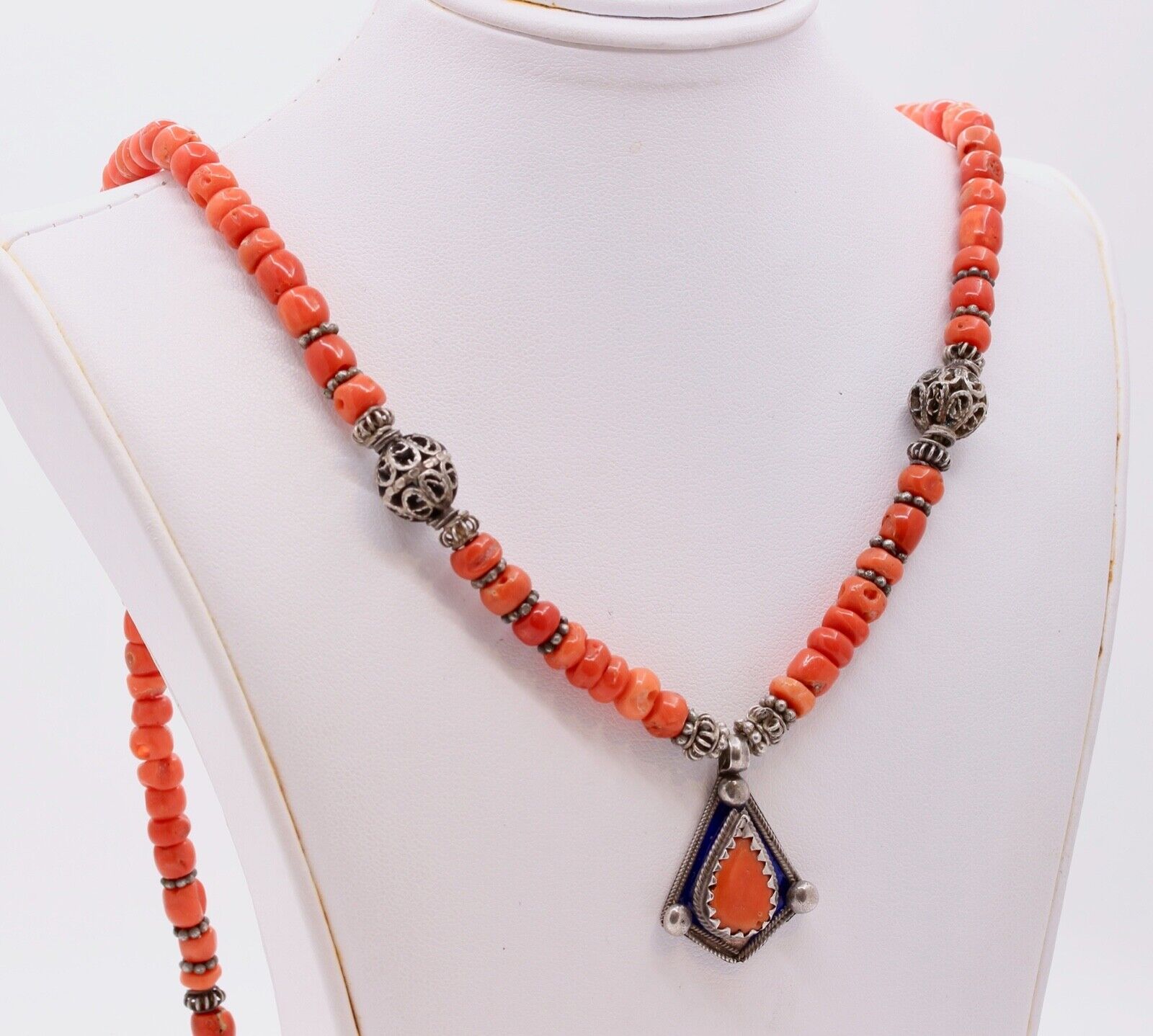Antique European Coral Enamel 800 Silver Necklace