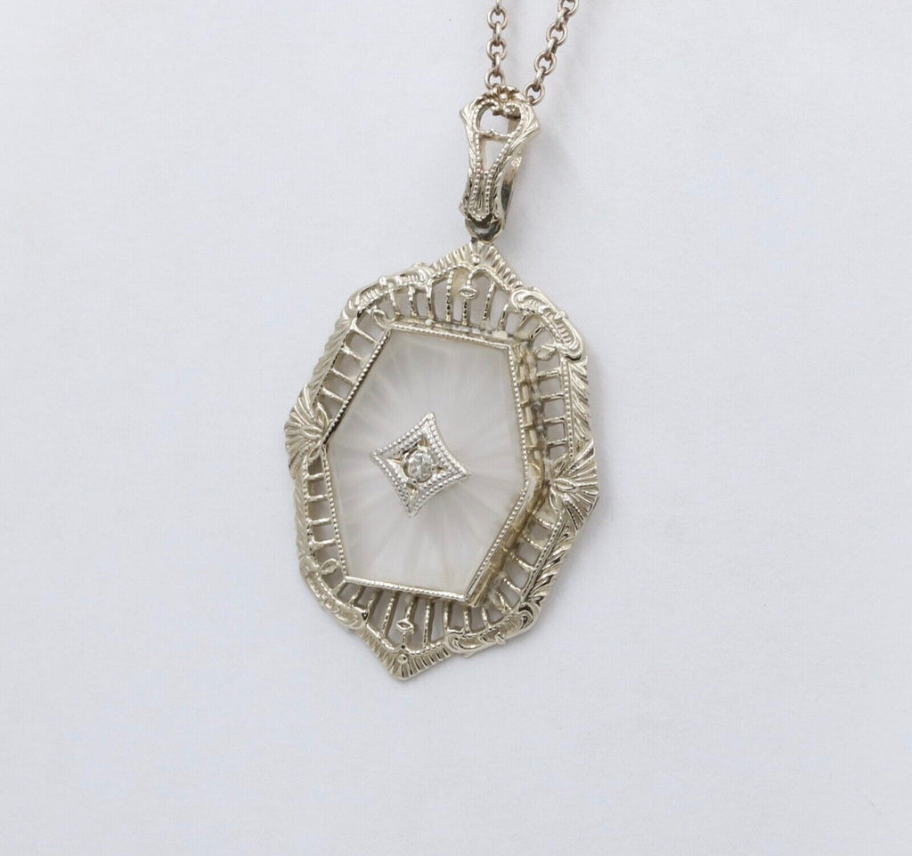 Art Deco 10K Gold Camphor Glass Diamond Pendant.