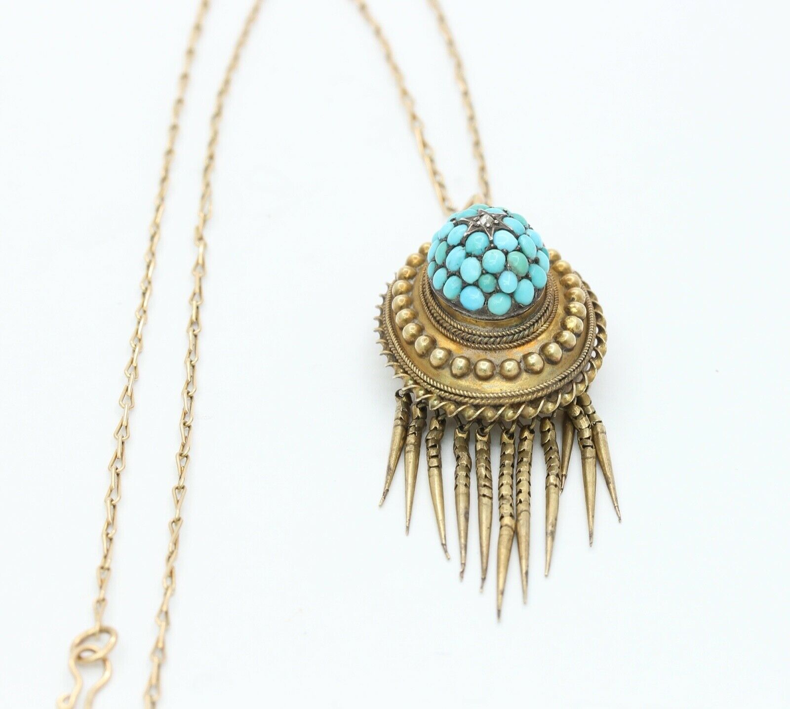 Victorian 14K 10K Yellow Gold Turquoise Diamond Chain Pendant