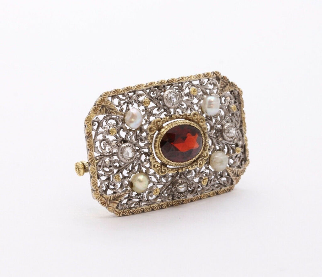 Victorian Garnet Old Mine Diamonds 18K White Yellow Gold Pearls Brooch Pin