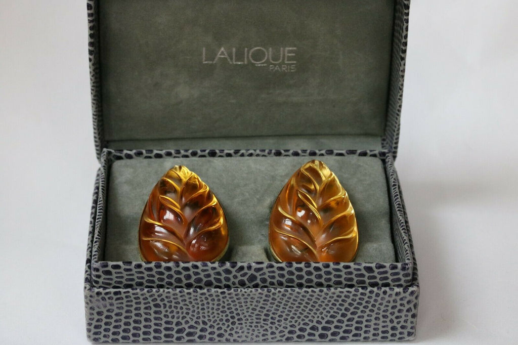 Lalique Carved Leaf Yellow Crystal Clip On Earring