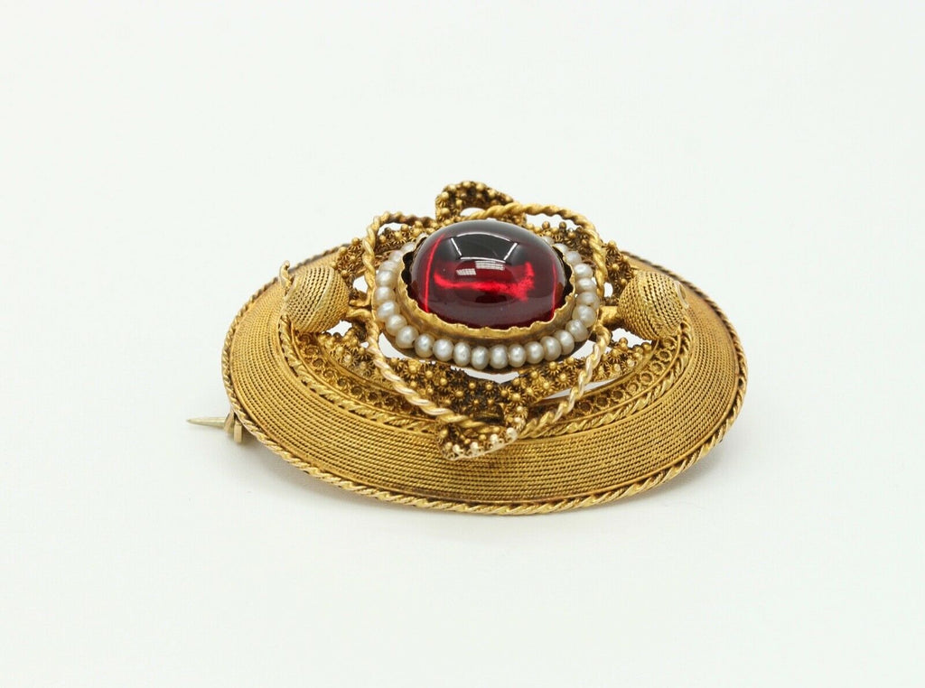 Truly Beautiful and Excellent Cond Victorian 14K Garnet Pearls Brooch Pendant
