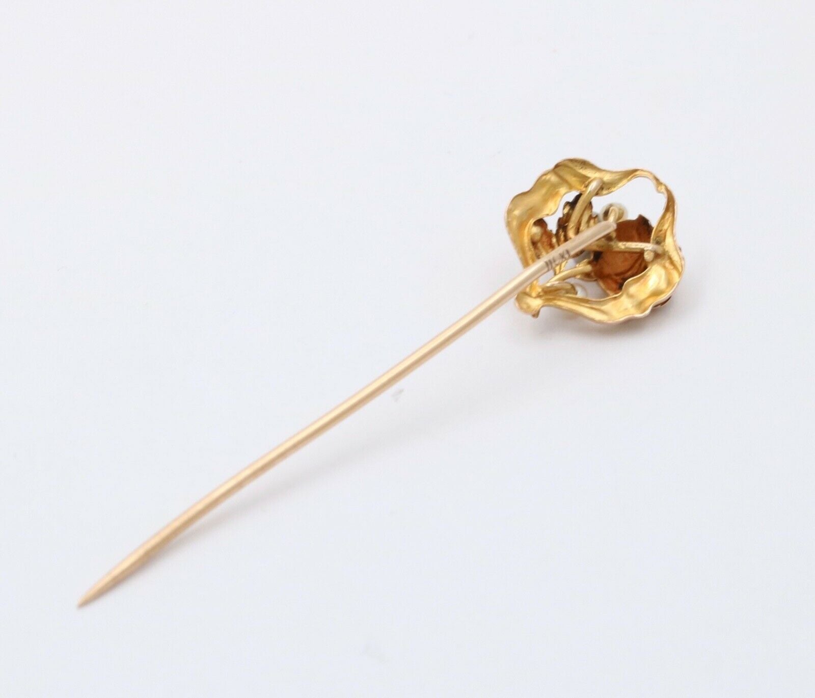 Antique Art Nouveau 10K Yellow Gold Seed Pearl Rose Stick Pin.