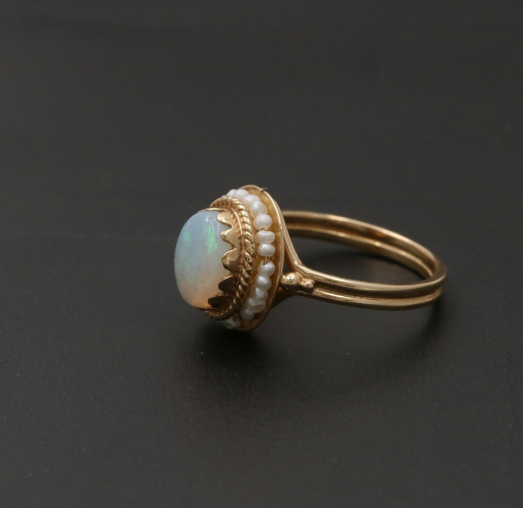 Vintage 14K Yellow Gold Opal Pearl Halo Ring, Statement Ring.