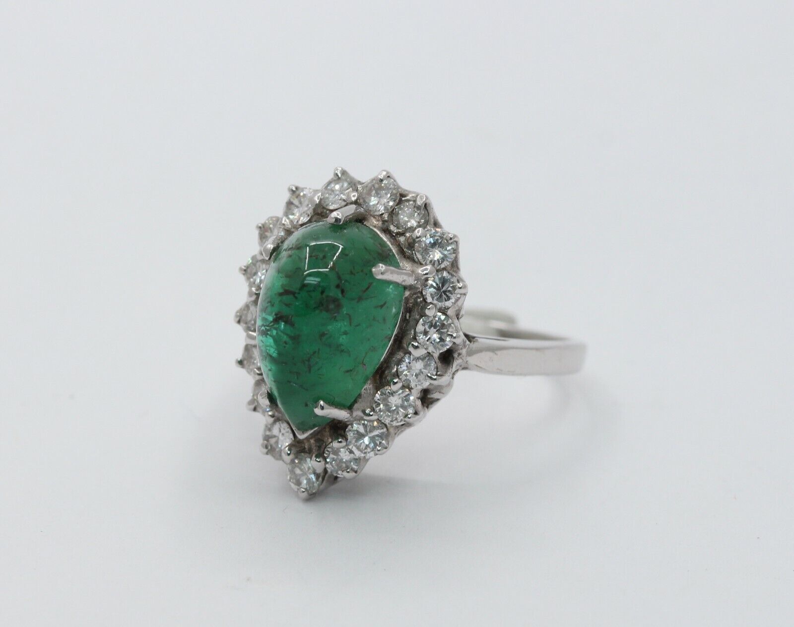14K White Gold Cabochon Emerald Diamond Engagement Ring Alternative