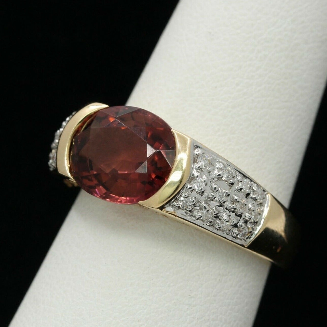 Vintage 14K Yellow Gold Diamond Orangy Pink Tourmaline Ring
