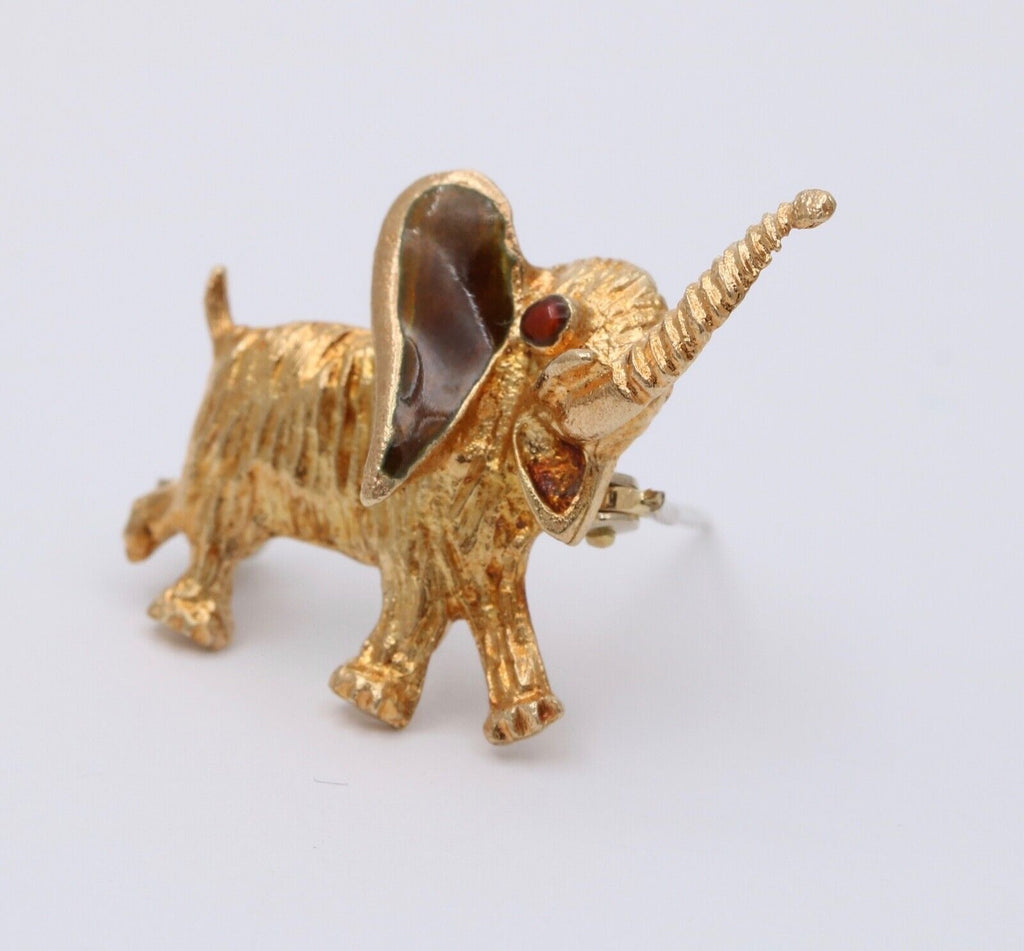Vintage Dumbo Elephant Enamel 14K Yellow Gold Brooch Pin