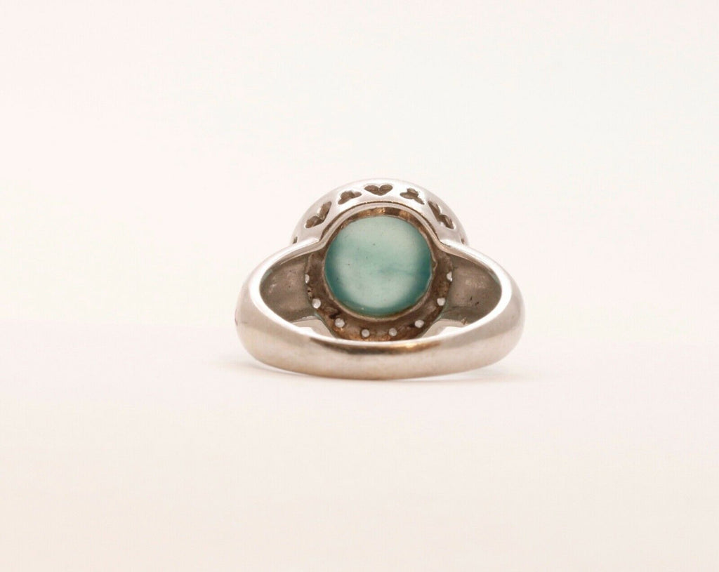 Vintage Watery Transcluscent Jade Diamonds Halo 14K White Gold Ring