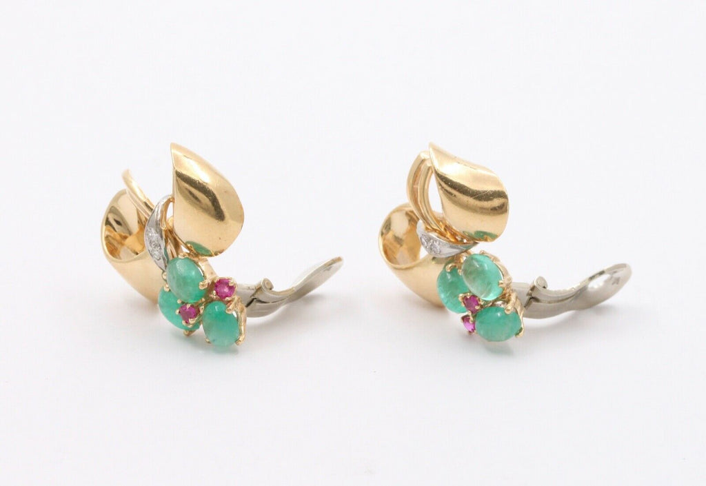 Vintage Bow Emeralds Rubies Diamonds 14K Yellow Gold Earrings