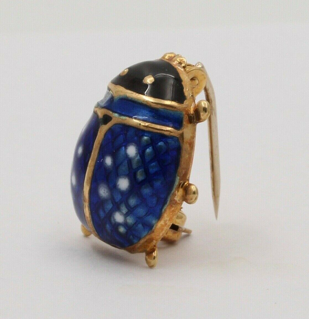 Vintage Blue Enamel Lady Bug 18K Yellow Gold Brooch