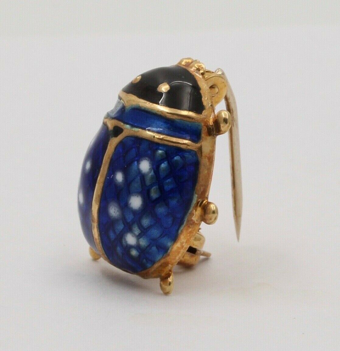 Vintage Blue Enamel Lady Bug 18K Yellow Gold Brooch