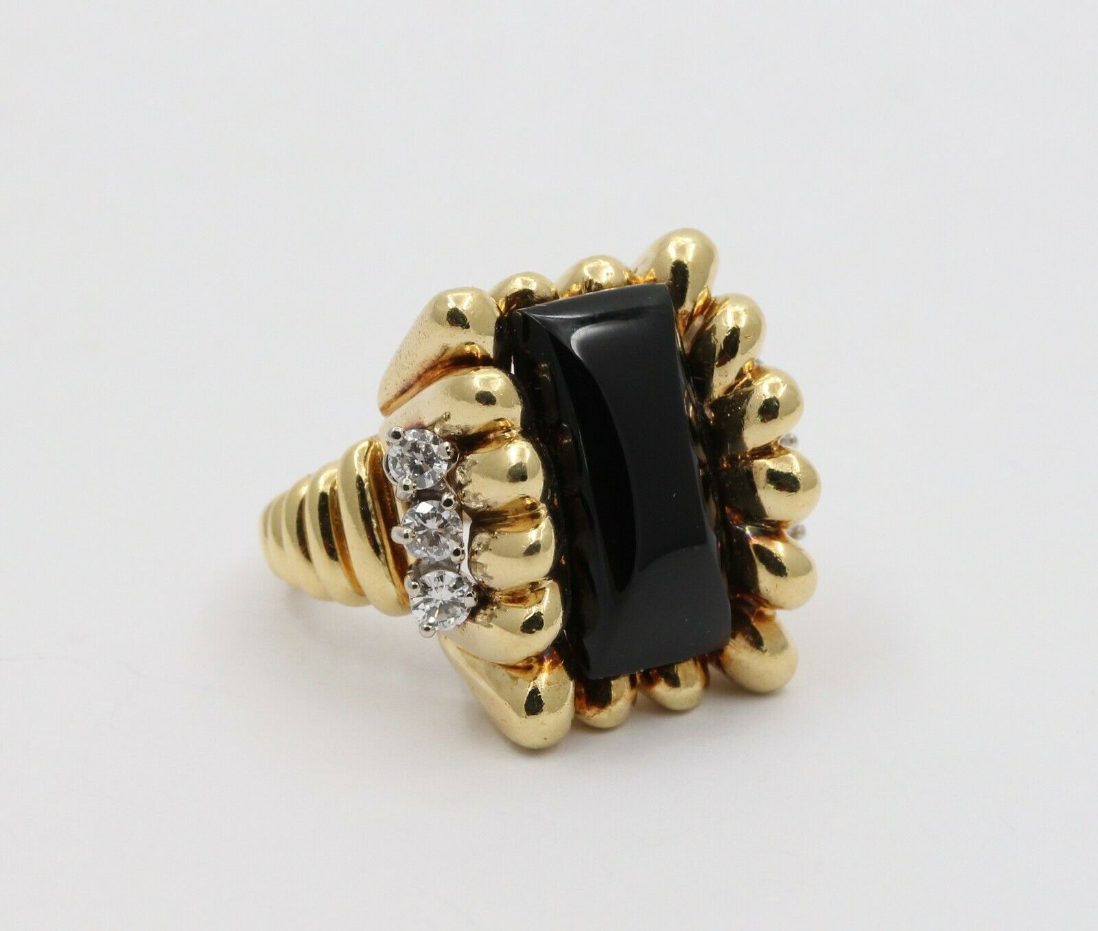Vintage 18K Yellow Gold Unique Onyx Diamond Statement Ring