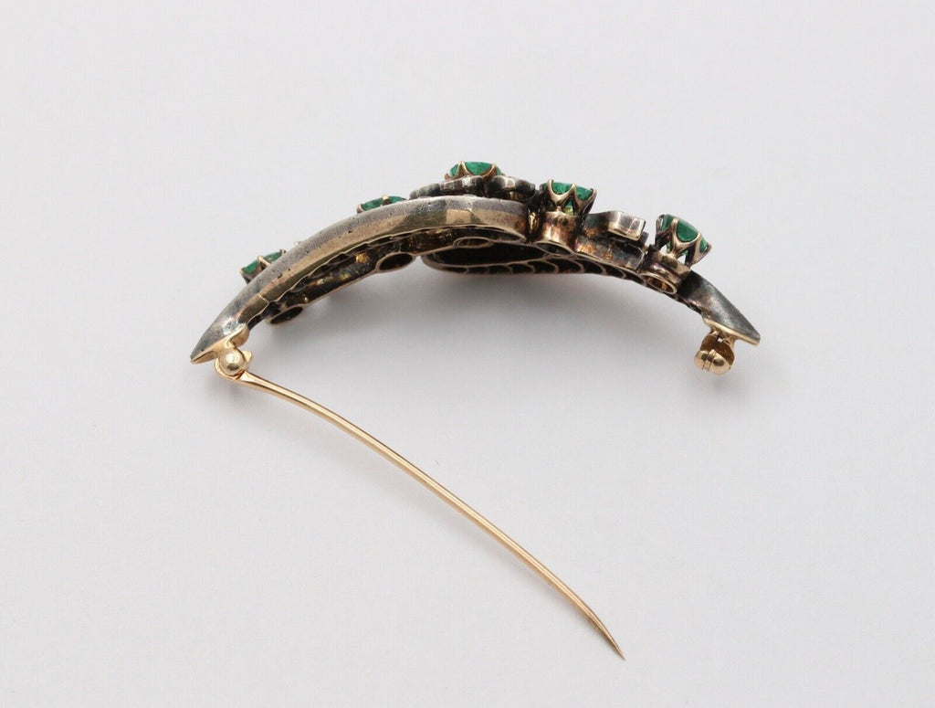 Victorian Emerald Diamonds Platinum 14K YG Flower Brooch Pin