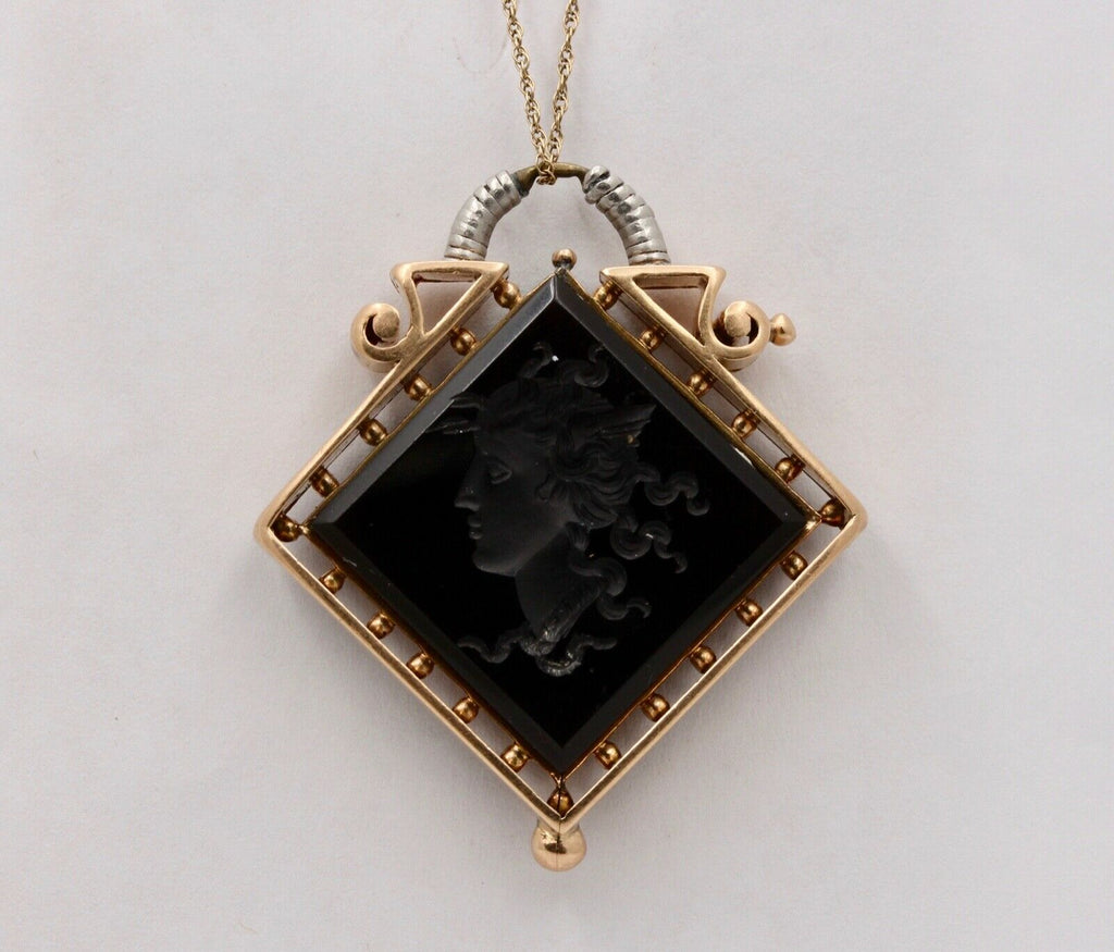 Art Nouveau Intaglio Carved Onyx 14K Yellow White Gold Pendant