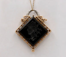 Load image into Gallery viewer, Art Nouveau Intaglio Carved Onyx 14K Yellow White Gold Pendant
