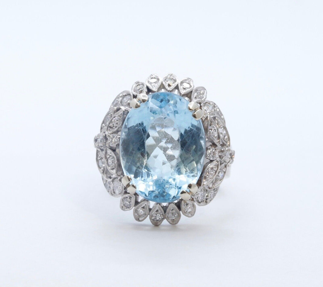 Vintage Blue Topaz Diamonds 14K White Yellow Gold Cocktail Ring