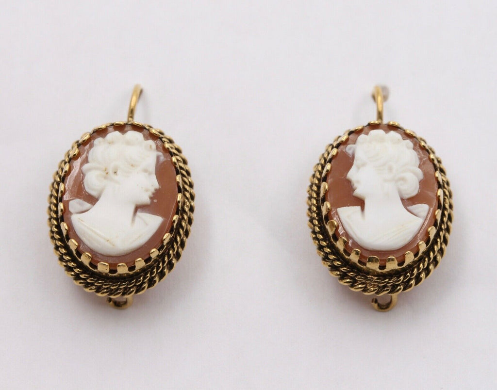 Victorian Revival Agate Cameo 14K Yellow Gold Earrings
