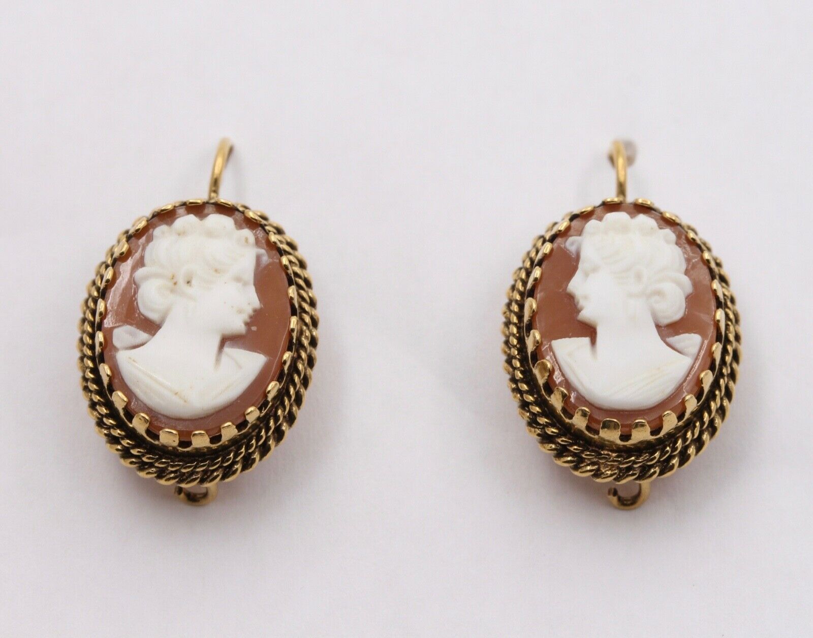 Victorian Revival Agate Cameo 14K Yellow Gold Earrings