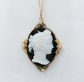 Victorian Cameo Seed Pearls Onyx 14K Yellow Gold Pendant