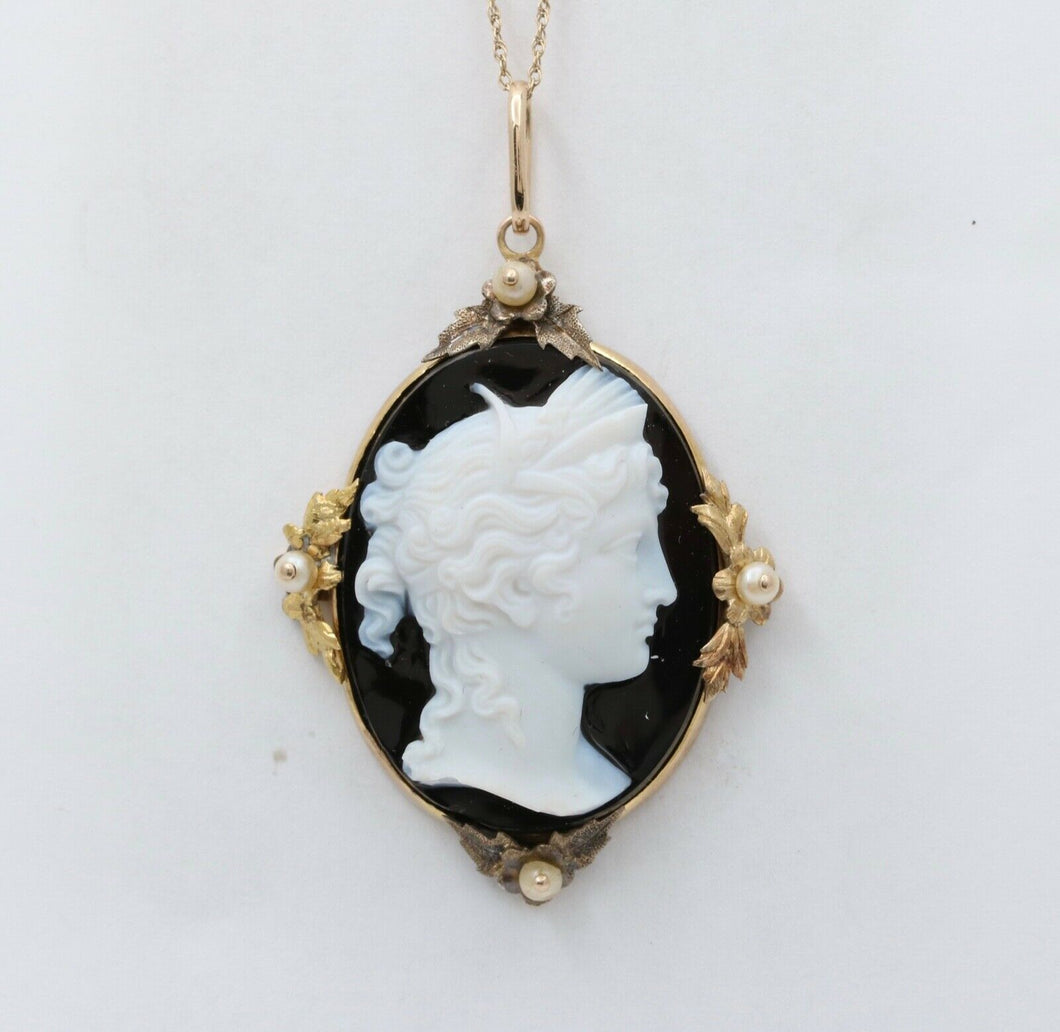 Victorian Cameo Seed Pearls Onyx 14K Yellow Gold Pendant