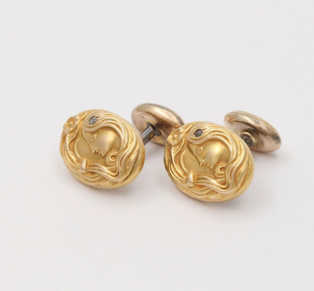 Art Nouveau Portrait Diamond 14K Yellow Gold Cufflinks